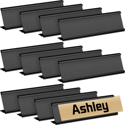 LEIFIDE 12 Pack Aluminum Name Plate Holder for Desk 2 x 8 Inch Blank Name Plates Office Business Desk Holder Desktop Table Display for Back to School Business Office Meeting Teacher Classroom(Black)