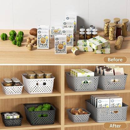 MaxGear 3 Pack Plastic Storage Baskets, Small, White | Durable Woven Plastic with Built-In Handles, Suitable for Shelves, Closets, Cabinets, Bathrooms and Offices