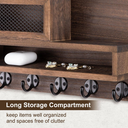 Lucundm Key Holder for Wall, Mail Organizer Wall Mount with Storage Compartment and 5 key Hooks for Coat, Dog Leash, Stylish Mesh Mail Holder, Home Decor Entry Way Organizer