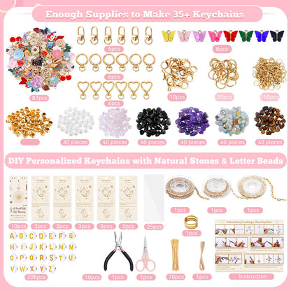 TOHONGADON 907 Pcs Lip Gloss Charms, Keychain Making Kit, Bag Charm Kit with 5 Kinds of Crystal Stones, 343 Charms, 24 Keychain Clips, Key Ring Jewelry Plier, Extender Chain for DIY Crafting