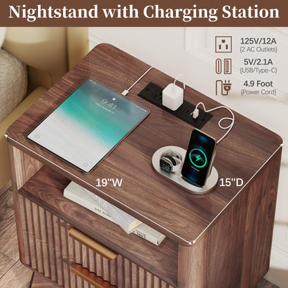 Baoz Walnut Fluted Nightstand with Charging Station & 2 Drawers for Bedroom