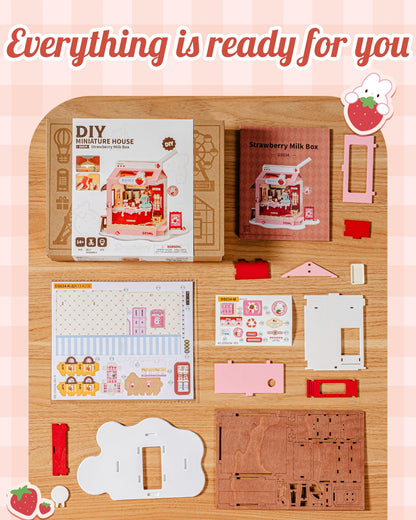 Robotime DIY Miniature House Kit, 1:28 Scale Tea Shop Scale Diorama Dollhouse with LED Lights, 3D Wooden Puzzle for Adults, Creative Crafts & Unique Gift for Craft Enthusiasts (Strawberry Milk Box)