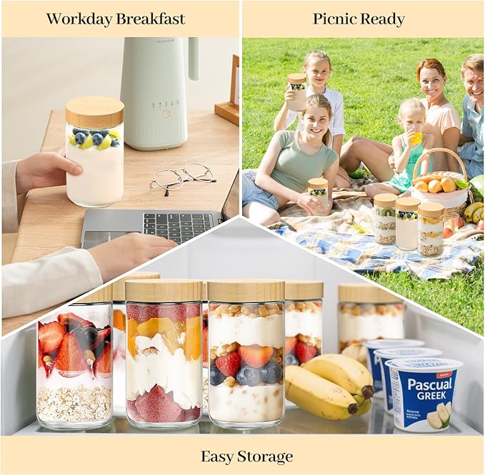 TBWIND 4 Pack 24oz Glass Jars with Bamboo Lids, Spoons, Airtight Overnight Oats Containers, Wide Mouth Mason Jars, Food Storage Container for Yogurt Salad Snacks Spice Sugar Meal Prep – Reusable