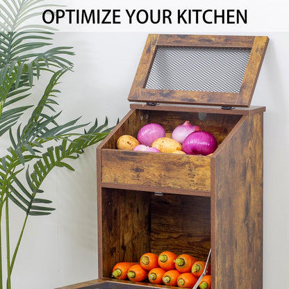 TDLEAYYD Potato Storage Bin Wooden Bread Box, Mid Century Modern Vegetable Storage Box with Lid, Farmhouse Potato and Onion Storage Cabinet for Kitchen,Brown