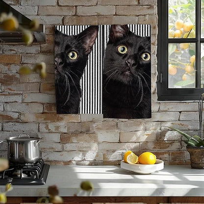 Cute Black Cat Hand Towel for Bathroom Set of 2, Cat on Black White Stripes