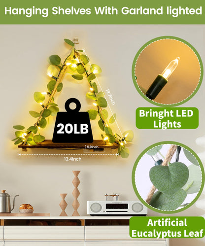 Macrame Hanging Shelf for Wall Decoration with Eucalyptus Lighted Garland,2 Pack Boho Hanging Shelves&Greenery Eucalyptus Garland with Lights for Bedroom Living Room Boho Wall Décor, Wedding Décor