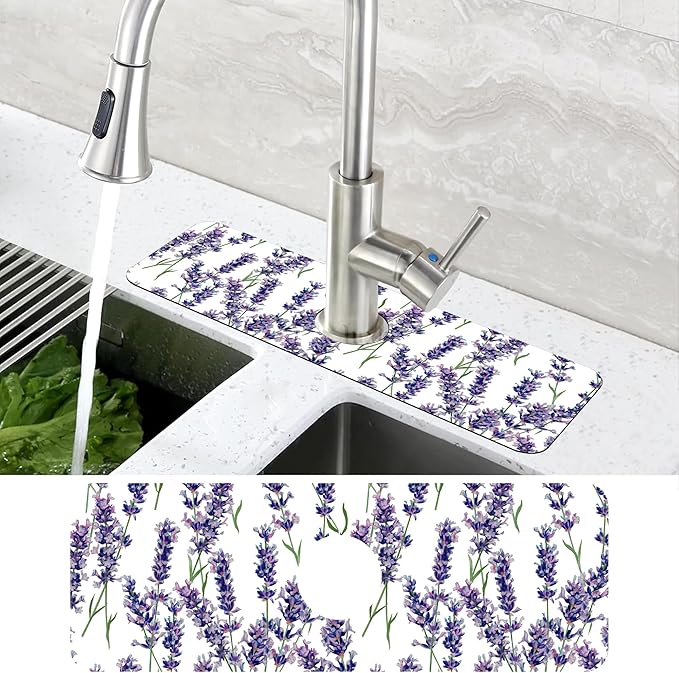 Watercolor Lavender Bunches Kitchen Sink Splash Guard Mat Absorbent Fast Drying