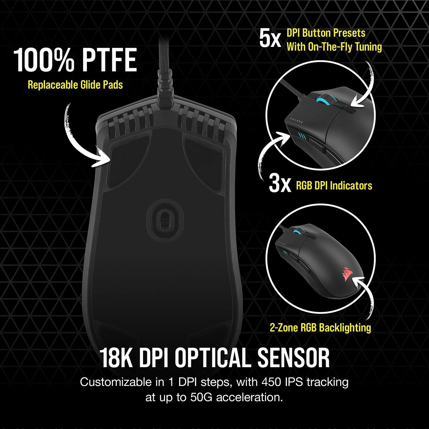 Corsair Sabre RGB PRO Champion Series FPS/MOBA Gaming Mouse - Ergonomic Shape for Esports and Competitive Play - Ultra-Lightweight 74g - Flexible Paracord Cable