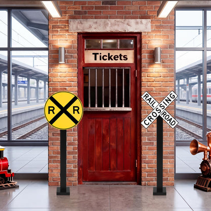 Yousoontic 2 Sets 30 Inch Tall Train Birthday Party Garden Decor Corrugated Plastic Railroad Crossing Sign with Wooden Stakes Chugga Chugga Two Two Party Decor Track Crossing Sign for Photo Booth Prop