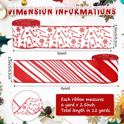 2 Rolls 12 Yards Christmas Candy Cane Wired Edge Ribbons Red White Stripes Burlap Fabric Craft Ribbons for Xmax Craft Wreath Bow Making Gift Wrapping Christmas Tree Decoration Supplies, 2.5 Inch