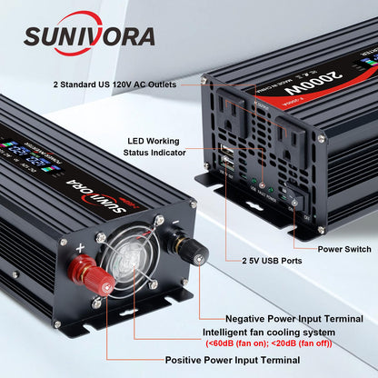 2000 Watt Power Inverter 12V DC to 110V/120V AC Converter 4000W Peak with LCD Display, 3 AC Outlets & 2 USB Ports Power Inverters for Vehicles Car Truck Boat RV Camping Solar System EPS