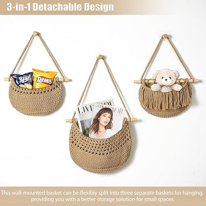 3 Tier Hanging Fruit Baskets for Kitchen, Boho Cotton Rope Handwoven Vegetable
