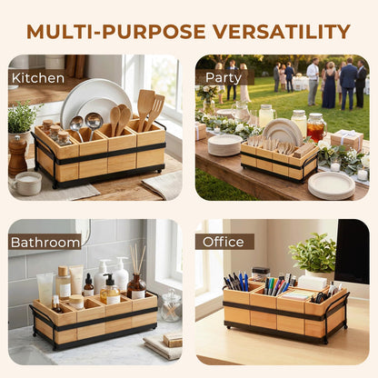 Eclove 5-in-1 Bamboo Utensil Caddy and Paper Plate Organizer - Wooden Silverware Caddy with Napkin Holder and Portable Handle - Flatware Organizer for Kitchen Countertop, Camper RV, Buffet Party