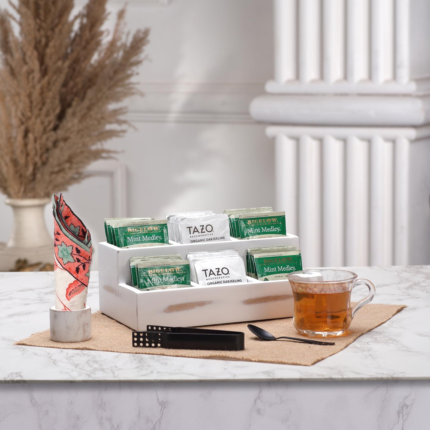 Wooden Tea Bag Organizer | Farmhouse Finish | 6-Compartment Storage | Countertop | Accessories: Tea Bag Squeezer, Natural Jute Placemat, Tea Spoon, Wooden Napkin Ring