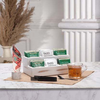 Wooden Tea Bag Organizer | Farmhouse Finish | 6-Compartment Storage | Countertop | Accessories: Tea Bag Squeezer, Natural Jute Placemat, Tea Spoon, Wooden Napkin Ring