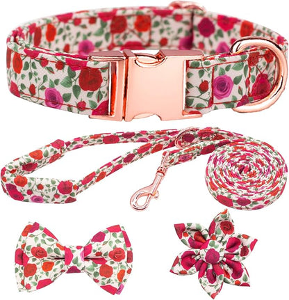 Dog Collar and Leash Set Girls Adjustable Puppy Collars with Floral Bow Tie for Small Medium Large Female Dogs, Red Rose, M