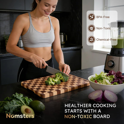 Nomsters 3 Packs Cutting Boards for Kitchen Checkered Cutting Board Acacia Wood Charcuterie Board Serving Heavy Duty Non Toxic Slip Butcher Block Wood Chopping Board with Juice Grooves Handles