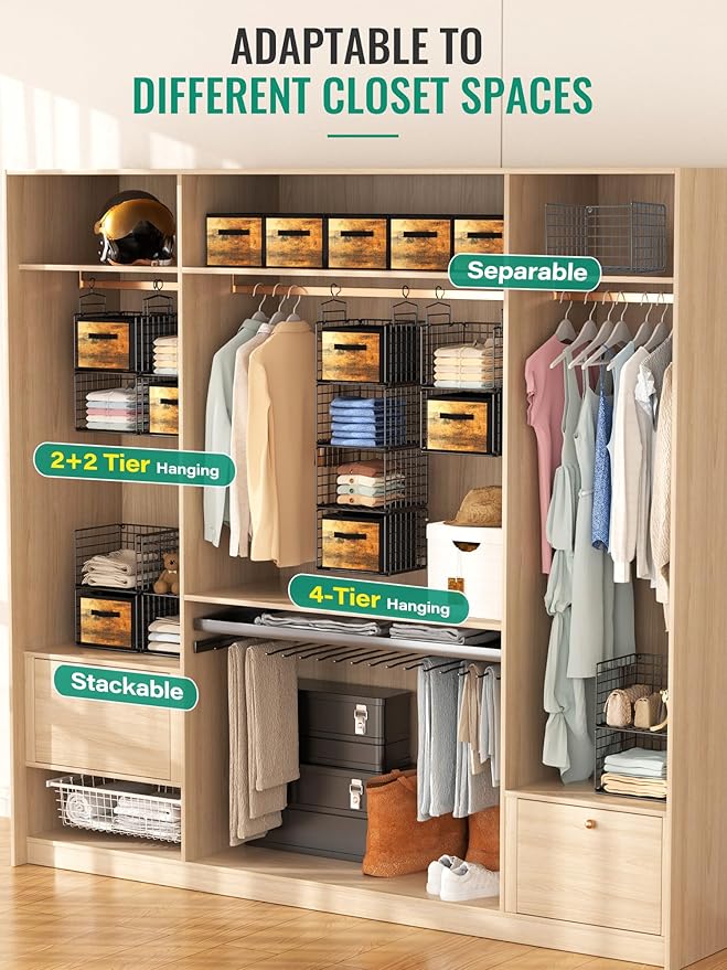 Hanging Closet Organizer with Drawers, 4 Tier Metal Closet Organizers and