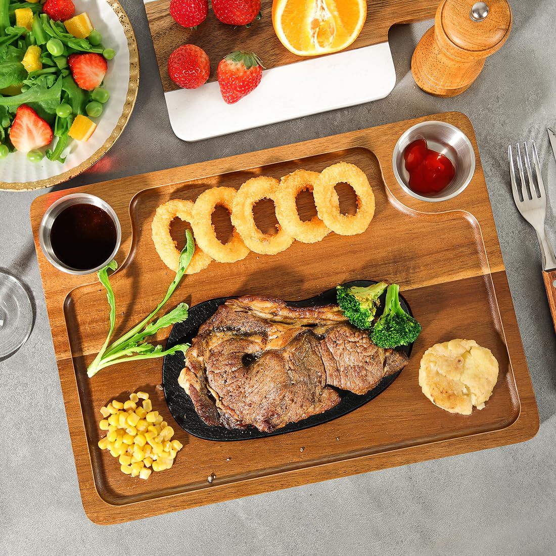 HALE OTEIR Acacia Wood Steak Plates - Steak Plate Cutting Board 2 Sauce Cups for Meat Cheese Appetizers, Wood Serving Board, Charcuterie Board Platter Perfect for Housewarming, Christmas, Mother's Day