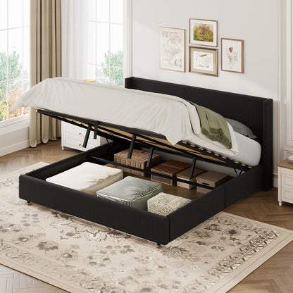 GarveeHome King Size Lift Up Storage Bed Frame, Corduroy Upholstered Platform Bed with Gas Lift, Padded Headboard, Wooden Slat Support, No Box Spring Needed, Black