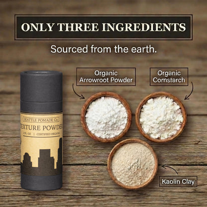 Seattle Pomade Co. Organic Based Texture Powder for Men. Creates Volume and Lift with organic materials. Fragrance Free. Globally sourced certified organic materials. Natural Hair Powder 2 oz NON-GMO