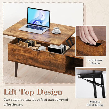 OLIXIS Wood Coffee Table Lift Top Coffee Tables for Living Room Office, Small Rising Wooden Center Tables with Large Storage Shelf and Hidden Compartment, Rust Brown