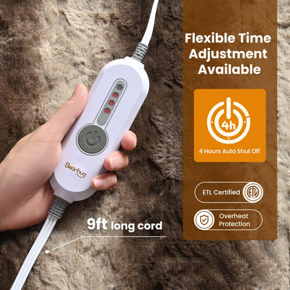 Bearhug Electric Blanket King Size 100" x 90", Dual Controller Heated Blanket, White Flower Patterns Faux Fur & Warm Sherpa, 10-Heat Levels & 1-12H Auto Off,ETL, Machine Washable