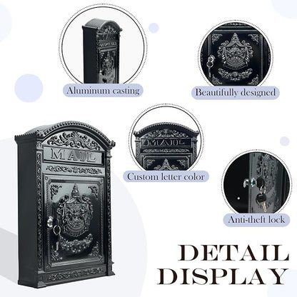 Vintage Mailboxes for Outside – Large Lockable Outdoor Mailbox, Weatherproof Metal Mail Box for Outside House, Cast Aluminum Decorative Mailbox for House, Post Mount for Fence(12.28"x17.51"x3.62")