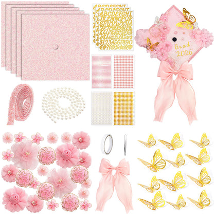Wavwavw 58 Pcs DIY Graduation Cap Decorations Kit Grad Cap Decor Included Faux Flowers Bow Mesh 3D Butterfly Stickers, Adhesive Rhinestones, Glitter Letter Stickers, for 2026 Grad Party(Pink)