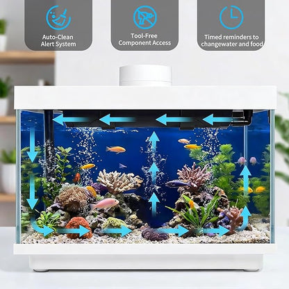 Smart Fish Tank, 2 Gallon Glass Aquarium Starter Kit with App Control, Auto Feeder, Temperature Display, RGB Color Light 3-in-1 Quiet Pump with Filter for Home, Office Corner