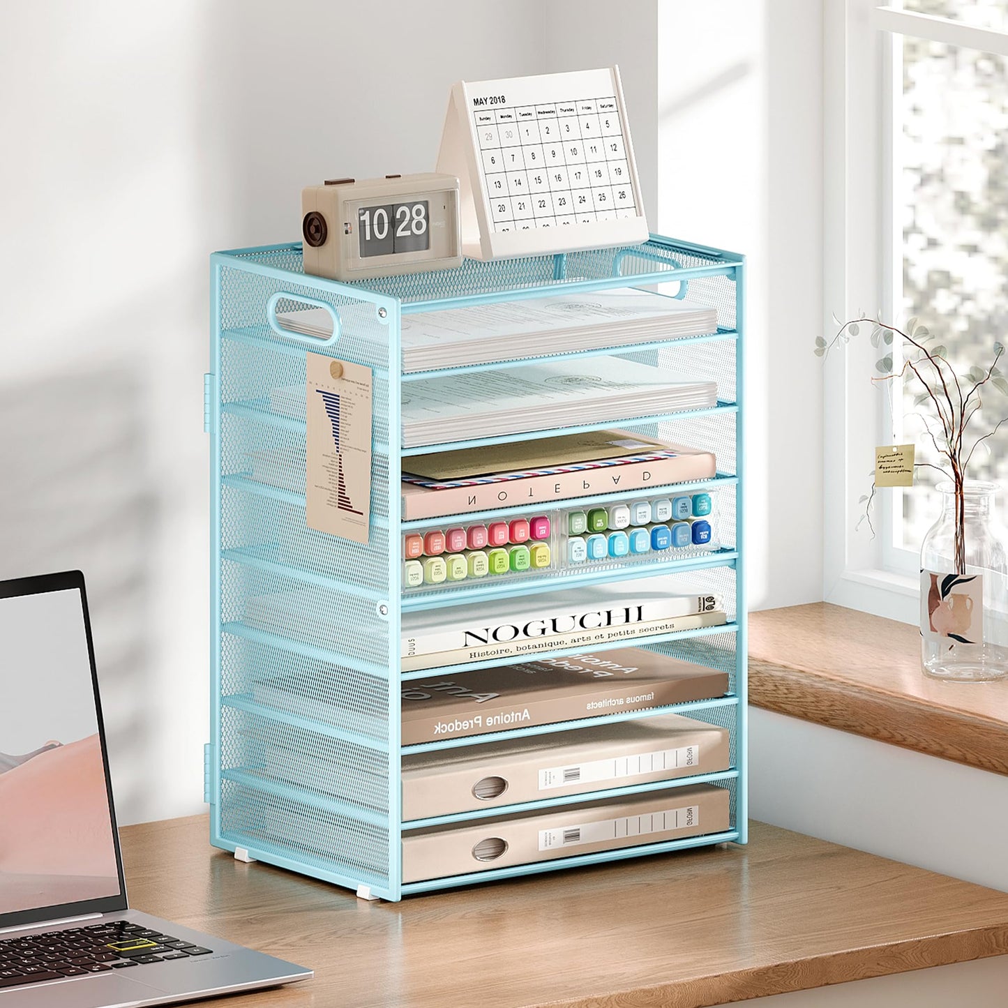 Subekyu 9 Tier Paper Letter File Tray Organizer for Desk, Large Mesh Desk Folder Sorter Organizer with Handle, Include 6 Pcs Adjustable Height Slid Tray for Office Home School Supplies Storage, Blue