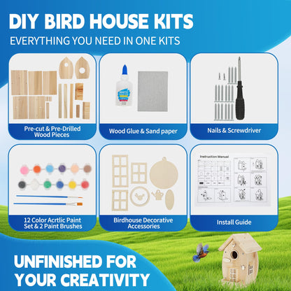 DIY Birdhouse Kit for Adults - Wooden Craft House to Build and Paint, Complete Set with Brushes, Non-Toxic Paint, Sandpaper & Glue, Creative Garden Yard Patio Decor Gift Idea