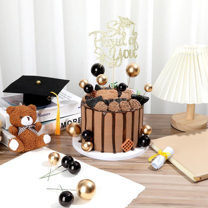 43Pcs Graduation Cake Kit Included Felt Grad Cap with Tassel Gold Black Balls Graduations Party Supplies So Proud of You Cupcake Topper for Congrats Senior High School College Parties Decor(Gold)