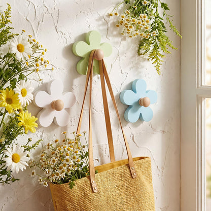 AceOrbit Pcs Daisy Wall Hooks Wood Flower Towel Hooks Cute Flower Decorative Wall Mount Hangers for Bathroom Kitchen Bedroom Home Entryway Decor(3,White, Green, Blue)