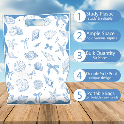 Falueqg Seashell Birthday Party Favors - 50 Pcs Ocean Seashell Beach Goodie Candy Gift Bags Ocean Shell Blue Bow Party Supplies for Summer Wedding Birthday Baby Shower Decorations