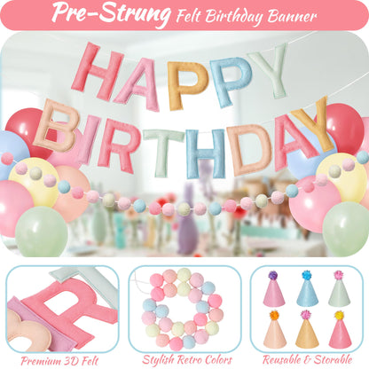 Kriyokiaa Pre-Strung Felt Happy Birthday Banner Retro Pastel Happy Birthday Party Decorations with Party Hats for Stuffed Animals, Pom Pom Garland and Latex Balloons for Women Girls Party Decor