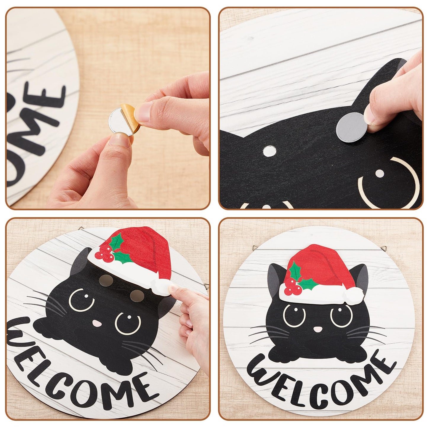 BrightRow 16 Pcs Interchangeable Welcome Sign Set for Front Door, Wooden Black Cat Welcome Sign with 15 Headwear, Farmhouse Decor for Porch, Halloween, Christmas, Housewarming Gift, Cat Lovers
