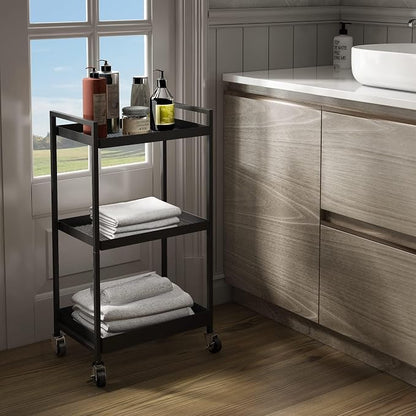 3-Tier Metal Utility Rolling Cart, Heavy Duty Multifunction Rectangular Cart with Lockable Casters, Easy to Assemble, Suitable for Office, Bathroom, Kitchen - Black