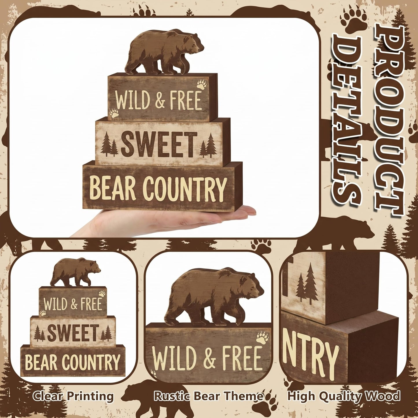 4 Pcs Brown Bear Tiered Tray Decor Woodland Bear Country Wooden Signs Cabin Shelf Sitters Rustic Farmhouse Table Centerpiece Mountain Forest Theme Table Decorations For Home Living Room Lodge