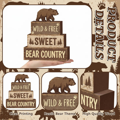 4 Pcs Brown Bear Tiered Tray Decor Woodland Bear Country Wooden Signs Cabin Shelf Sitters Rustic Farmhouse Table Centerpiece Mountain Forest Theme Table Decorations For Home Living Room Lodge