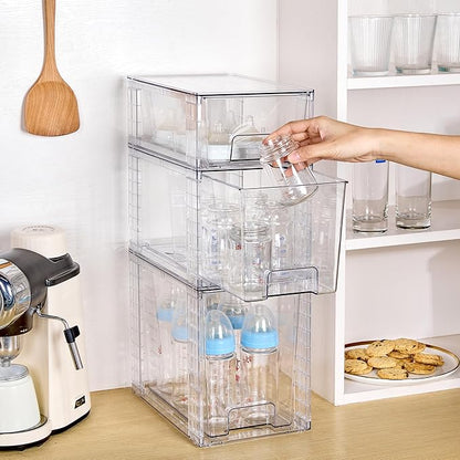 Vtopmart 3 Pack Clear Stackable Storage Drawers,Easy to Assemble Bathroom Organizers and Storage with handles,Plastic Drawers for Kitchen Pantry,Cabinet,Under Sink Organization