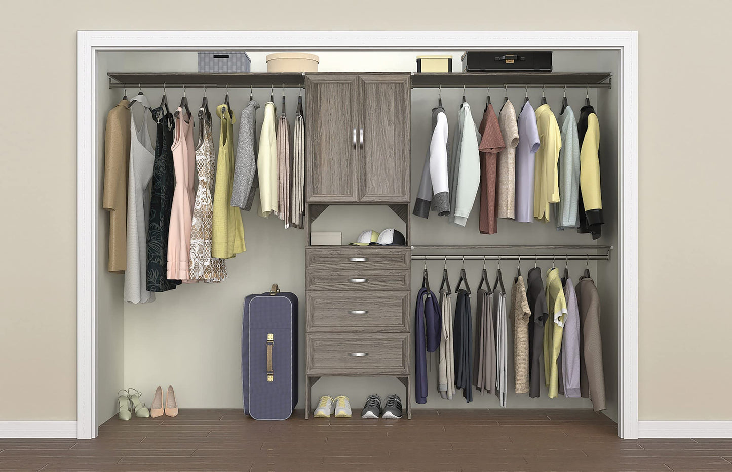 ClosetMaid SuiteSymphony Wood Closet Organizer Kit with Tower, 3 Hang Rods, Top Shelves, 4 Drawers, Doors, Adjustable, Fits Spaces 6 - 10 ft. Wide, Graphite Grey
