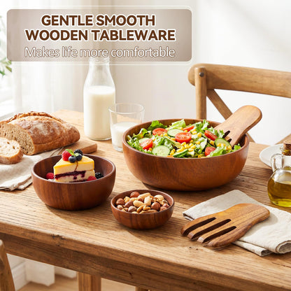 Hushee 5 Pcs Acacia Wood Salad Bowl Set 4.7" 6.3" 9.5" Wooden Mixing Bowls with 2 Wooden Hands Large Wood Serving Bowl with Serving Utensils for Kitchen Fruits Cereal Corn Flake Pasta Gift Giving