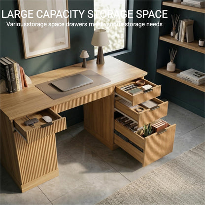 FURSUN 58" Executive Desk with Charging Station & File Drawer, Modern Fluted Home Office Desk with 5 Drawers & Keyboard Tray, Large Computer Writing Desk, Natural Oak