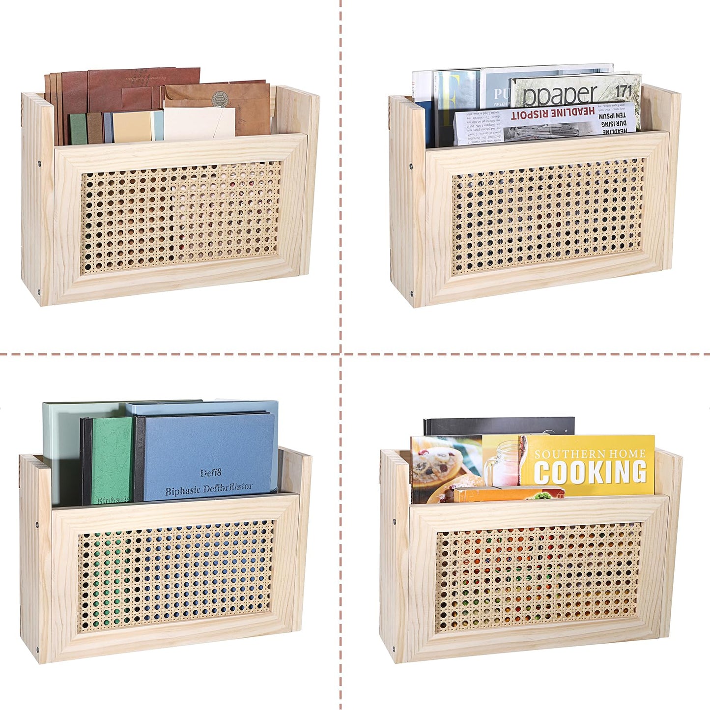 BTSKY Wooden Hanging Magazine Rack, Wall Mounted Magazine Holder Modern Rattan Hollow-out Design Mail Organizer, Assembly File Holder Letter Holder Wall Rack for Home & Office - 15x4x9.9 Inch