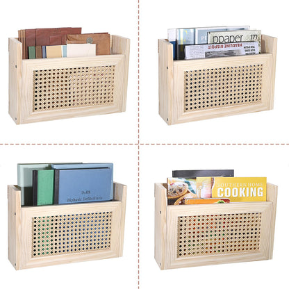 BTSKY Wooden Hanging Magazine Rack, Wall Mounted Magazine Holder Modern Rattan Hollow-out Design Mail Organizer, Assembly File Holder Letter Holder Wall Rack for Home & Office - 15x4x9.9 Inch