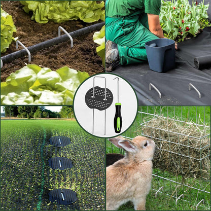 FEED GARDEN Landscape Staples 6 Inch 100 Pack Kit, Heavy Duty 11 Gauge Hot-Dip Galvanized Garden Stakes with 100 Gaskets & 1 Pick Hook for Weed Barrier, Landscape Fabric, Sod, Turf & Garden Edging