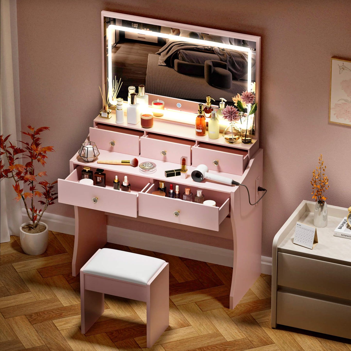 COMHOMA Makeup Vanity Desk with Mirror and Lights, Vanity Table and Chair Set with 5 Drawers and Charging Station, Bedroom Dresser LED Mirror Stepless Dimmable & 3 Color Modes Adjustable, White