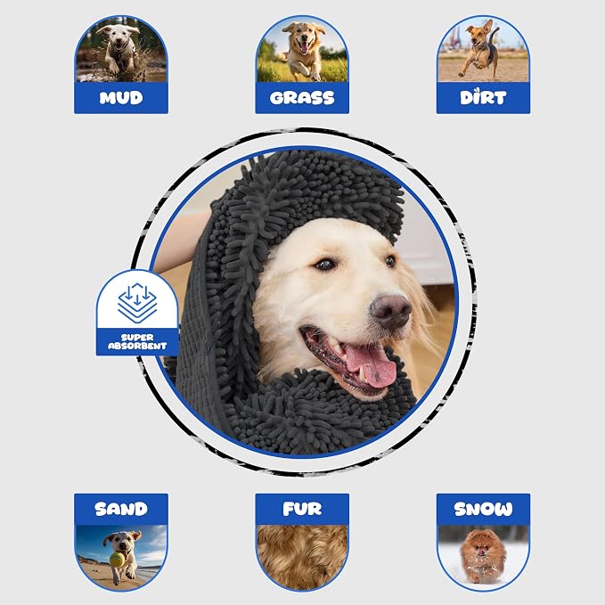 Dog Towel Microfiber, Black | Super Absorbent, Fast Dry, Hand Pockets, Large & Small Dogs, Machine Washable