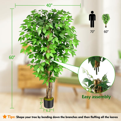 Keeplush 5ft Ficus Artificial Trees with Natural Curved Trunks, 60" Tall Lush Faux Tree for Home Decor Indoor, Green Lifelike Fake Ficus Tree Artificial Plants (Set of 2)